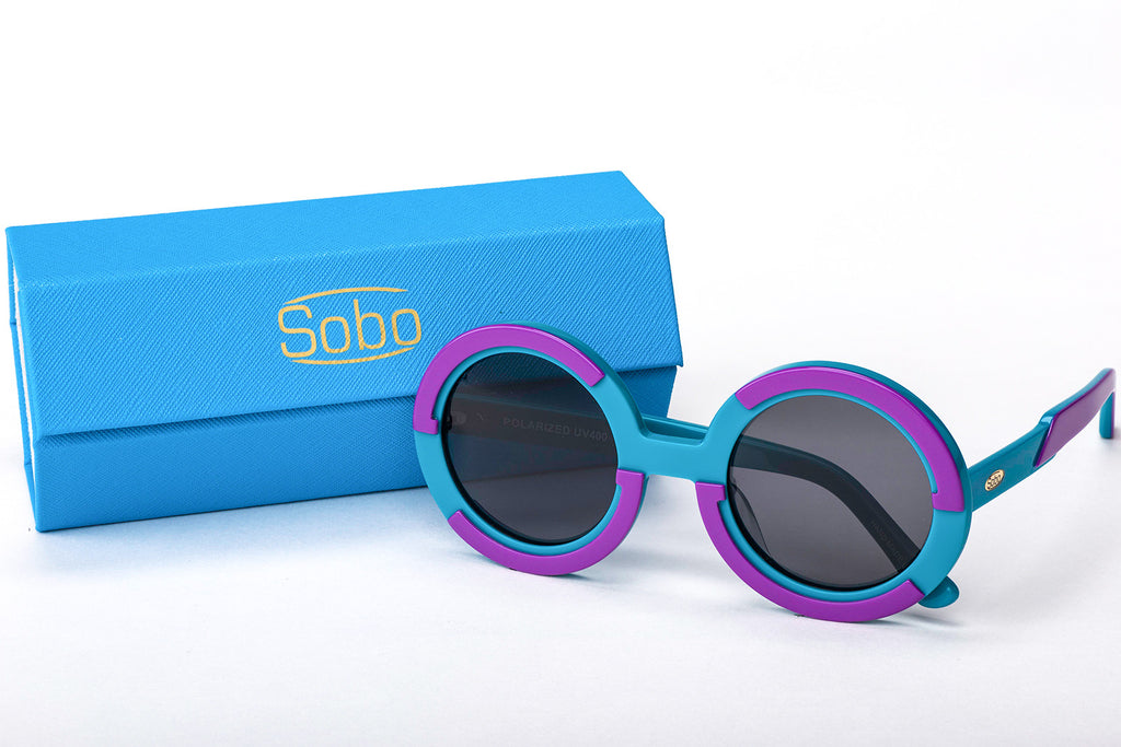 Sobo Sunglasses Light Blue and Purple Frame with Smoke Lens & Blue Case With Gold Logo