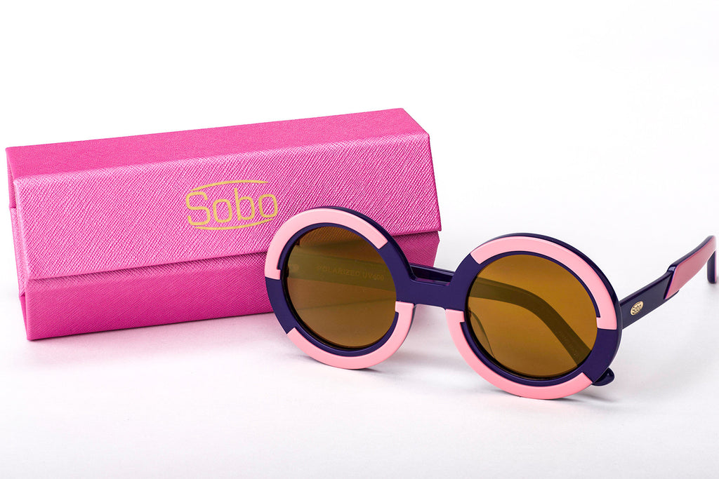 Sobo Sunglasses Navy Blue and Pink Frame with Mirror Gold Lens & Pink Case With Gold Logo