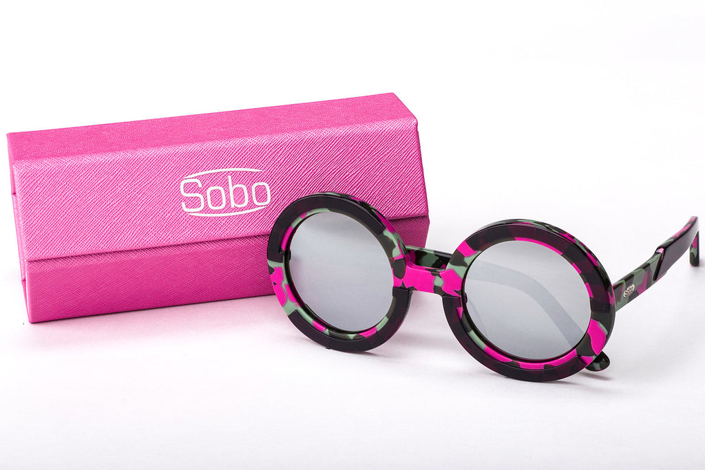 Sobo Sunglasses Pink Camo Frame With Mirror Silver Lens & Pink Case With Silver Logo
